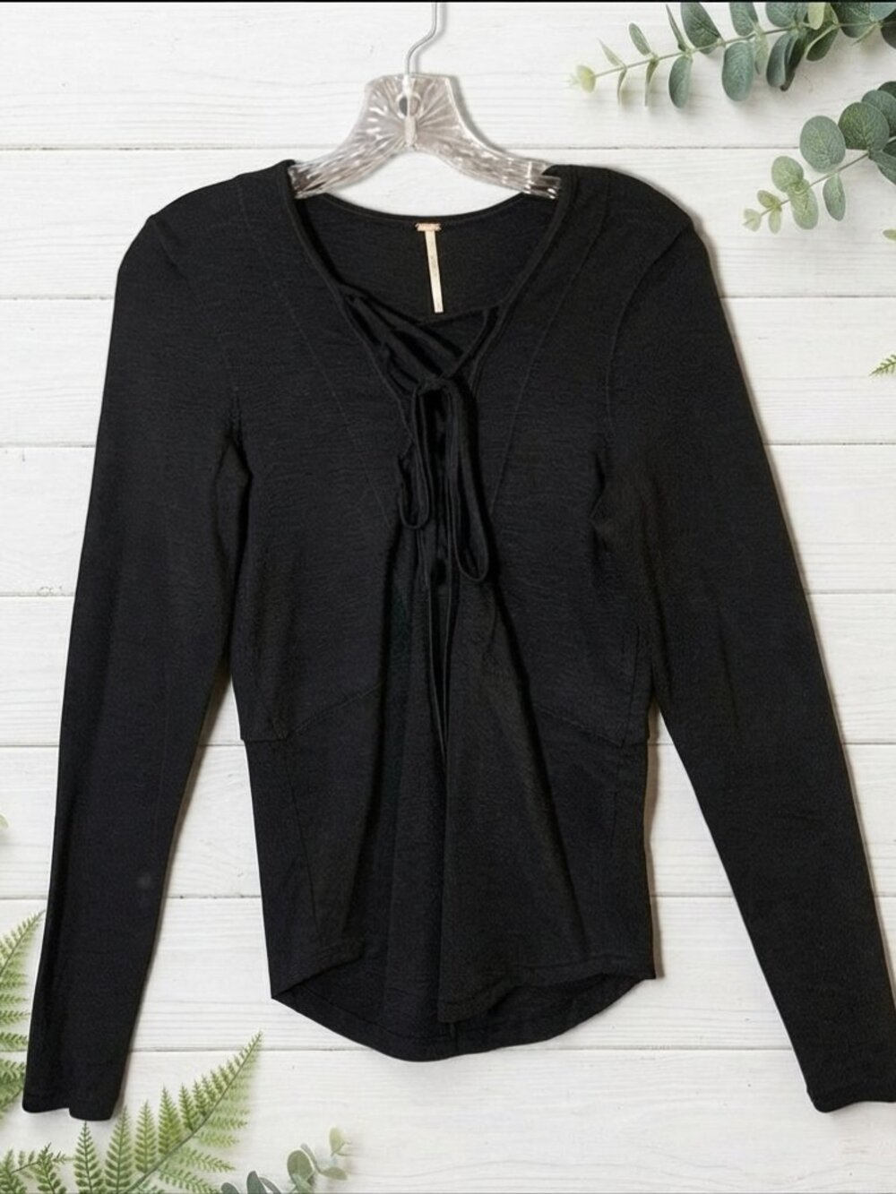Free People Black Top Medium Cross Cross Neck Long Sleeve Pullover Witchy Goth